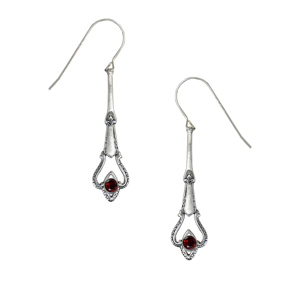 Sterling Silver Art Deco Drop Dangle Earrings With Faceted Garnet